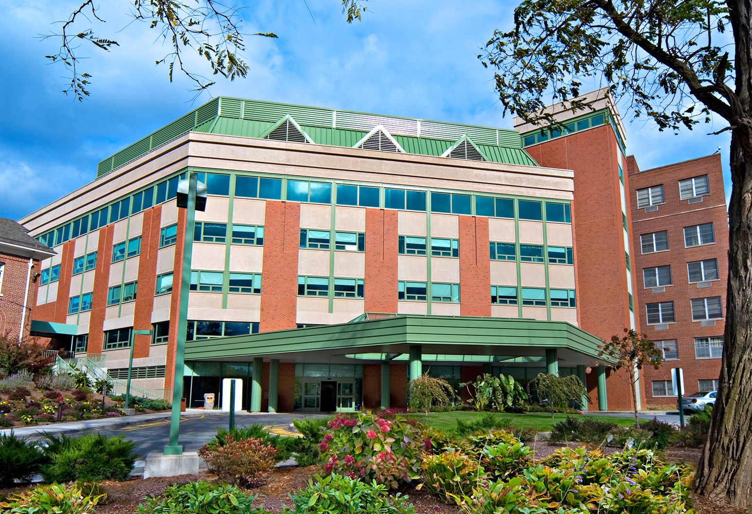 Outside Huntington Hospital, which was ranked by US News & World Report as the best community hospital in New York State